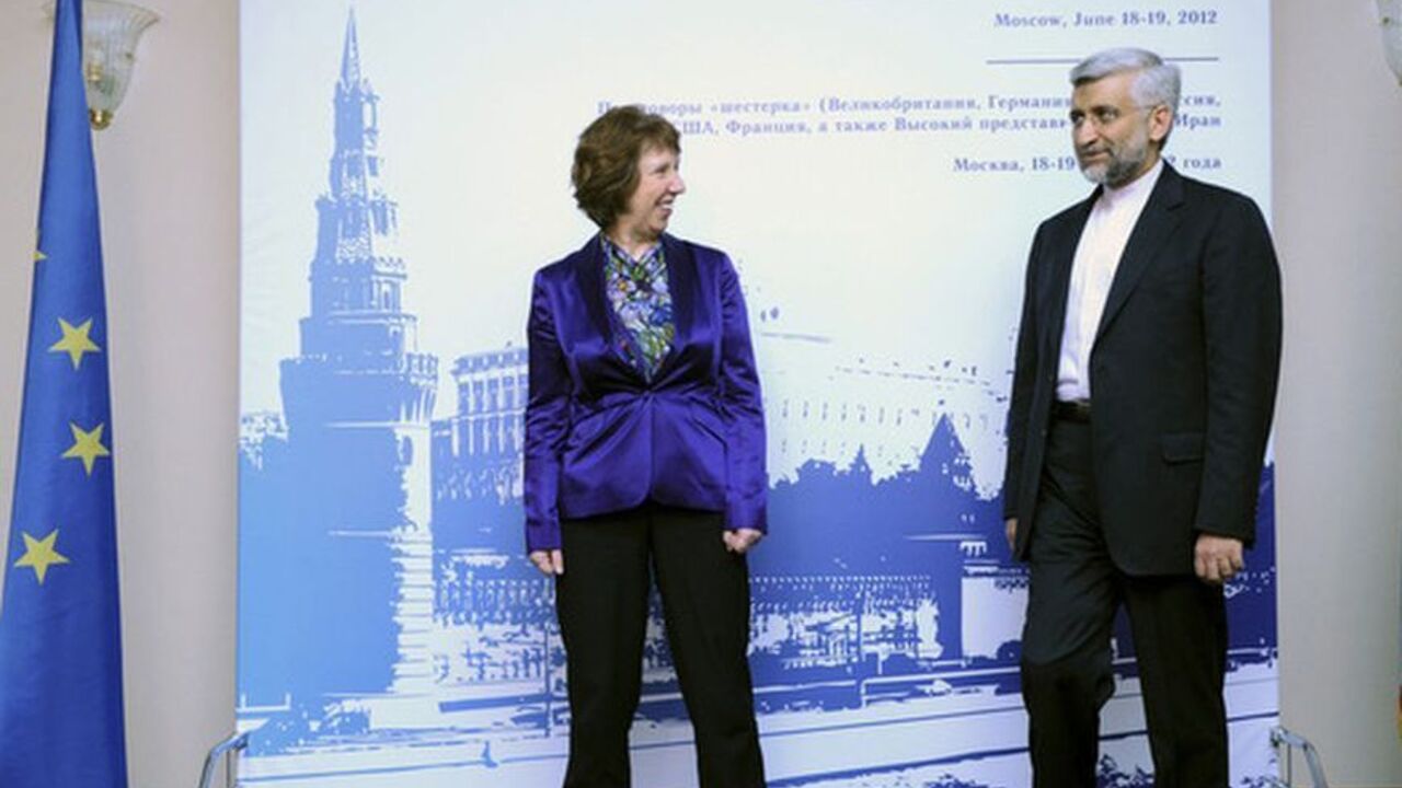 European Union Foreign Policy Chief Catherine Ashton (L) meets with Iran's Chief Negotiator Saeed Jalili in Moscow, June 18, 2012. World powers began two days of talks with Iran on Monday to try to end a decade-long stand-off over Tehran's nuclear programme and avert the threat of a new war in the Middle East.  REUTERS/Kirill Kudryavtsev/Pool  (RUSSIA - Tags: POLITICS ENERGY)