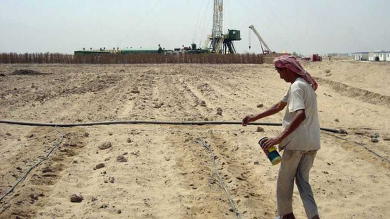 A farmer sows seeds of cucumber at his farm near an oilfield in Iraq's southern province of Basra August 12, 2010. The fertile acreage atop some of the world's largest oilfields has been farmed for dates, melons and vegetables for centuries but the tribes that work the land fear they are being pushed aside in the rush to develop Iraq's vast reserves. Picture taken August 12, 2010. To match Feature IRAQ-OIL/FARMS  REUTERS/Stringer (IRAQ - Tags: ENERGY AGRICULTURE BUSINESS) - RTR2HDNU