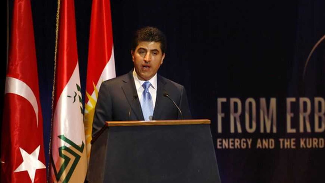 Kurdish Prime Minister Nechirvan Barzani speaks during the first International Energy Arena in Arbil, about 350 km (217 miles) north of Baghdad, May 20, 2012. Iraq's autonomous Kurdistan region expects to start exporting oil from its fields along a new pipeline to the Turkish border when the line is complete in August 2013, the region's natural resources minister Ashti Hawrami said on Sunday.   REUTERS/Thaier al-Sudani (IRAQ - Tags : - Tags: ENERGY POLITICS) - RTR32CEM