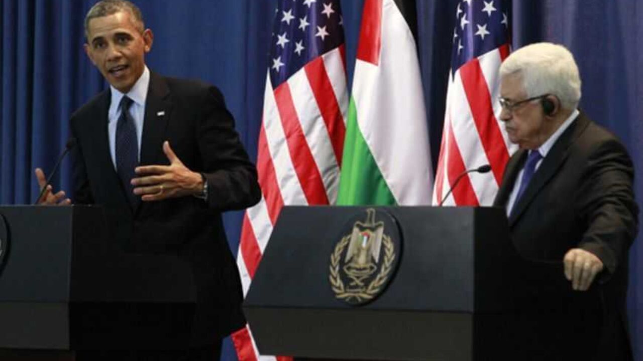 U.S. President Barack Obama participates in a joint news conference with Palestinian President Mahmoud Abbas at the Muqata Presidential Compound in Ramallah March 21, 2013.   REUTERS/Jason Reed   (WEST BANK - Tags: POLITICS) - RTR3F9UB