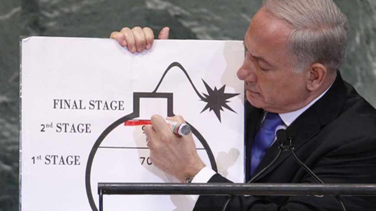 Prime Minister of Israel Benjamin Netanyahu draws a red line on a graphic of a bomb as he addresses the 67th United Nations General Assembly at the U.N. Headquarters in New York, September 27, 2012. REUTERS/Lucas Jackson (UNITED STATES - Tags: POLITICS) - RTR38I5Z