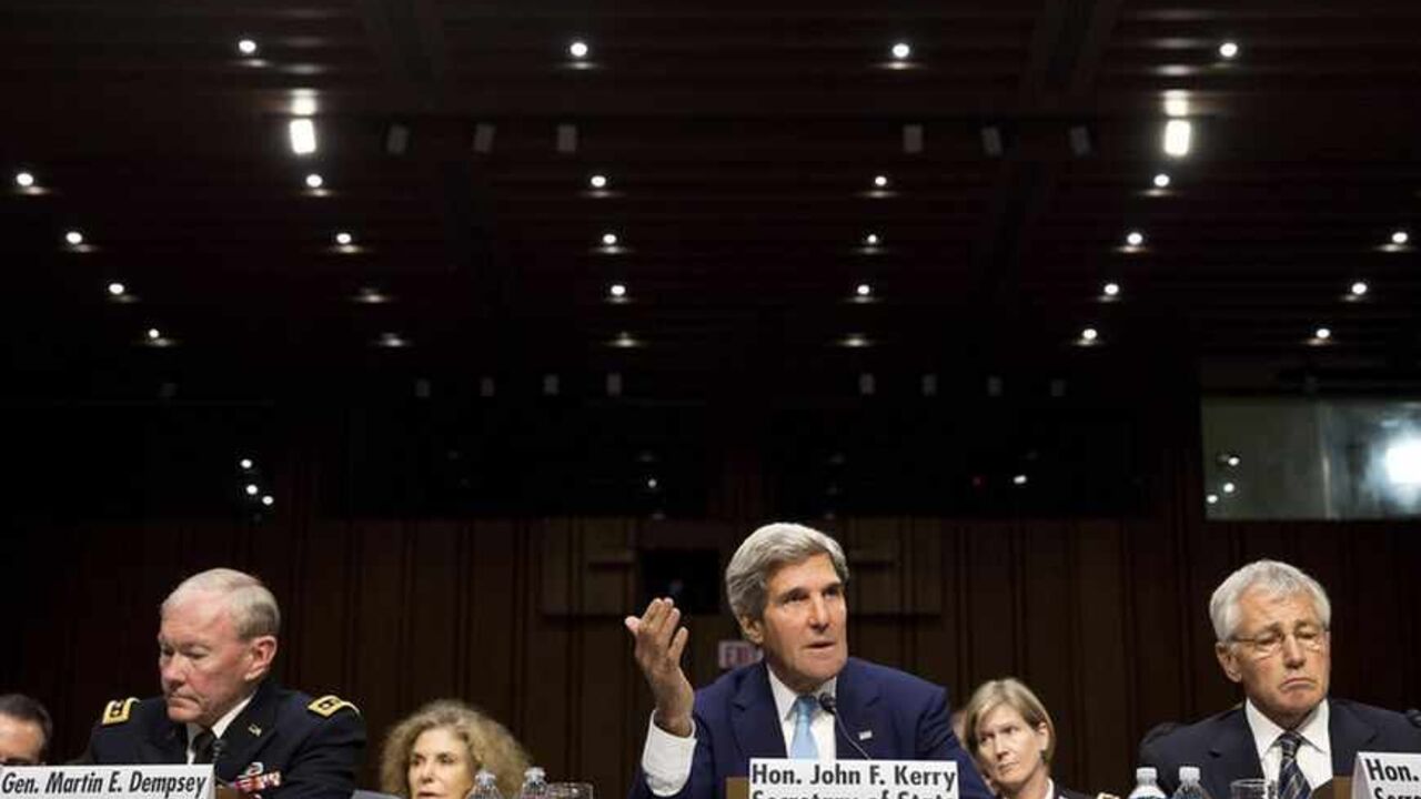 Chairman of the Joint Chiefs General Martin E. Dempsey (L), John Kerry, U.S. Secretary of State (C), and Chuck Hagel, Secretary of Defense, present the administration's case for U.S. military action against Syria to a Senate Foreign Relations Committee hearing in Washington, September 3, 2013. President Barack Obama on Tuesday urged quick congressional action authorizing the use of military force against Syria and won the support of leaders from both parties in the House of Representatives for limited strik