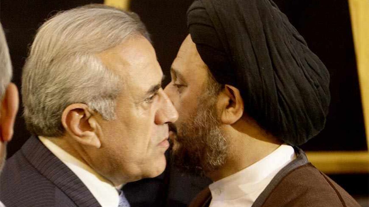 Shiite cleric Ali Fadlallah (R), son of Lebanese Grand Ayatollah Sayyed Mohammed Hussein Fadlallah, receives condolences from Lebanese President Michel Sleiman at a mosque in Beirut's southern suburb on July 4, 2010, following his father's death earlier in the day at the age of 75. AFP PHOTO/ANWAR AMRO (Photo credit should read ANWAR AMRO/AFP/Getty Images)