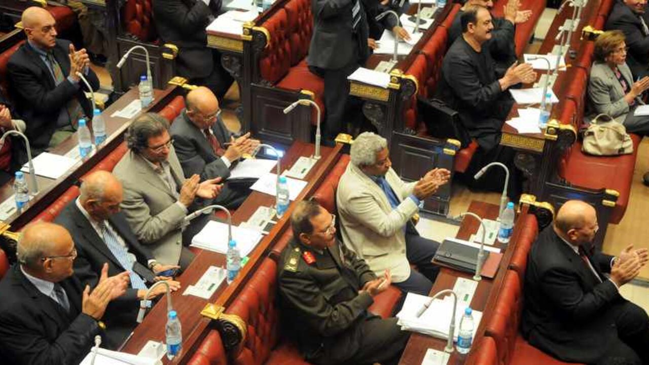 Members of the assembly writing Egypt's new constitution cheer after finishing their vote during the closing session at the Shura Council in Cairo December 1, 2013. A hardline Islamist leader said the army had driven Egypt to the "edge of a precipice", as a new constitution likely to ban Islamic political parties was set to be approved on Sunday by the panel that drafted it. The 50-member constituent assembly was due to finish voting on a draft that reflects how the balance of power has shifted in Egypt sin