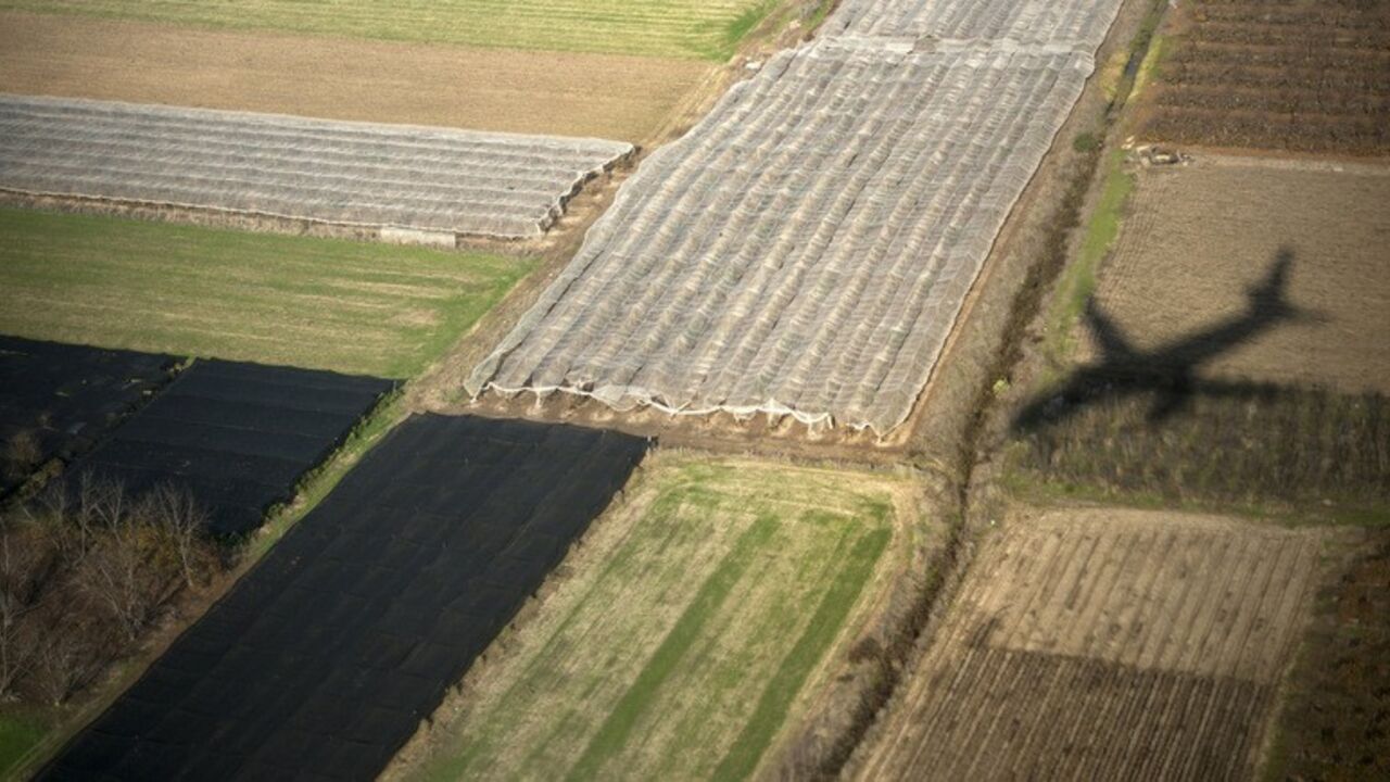The plane carrying U.S. Secretary of State John Kerry casts a shadow on fields as it approaches Ben Gurion Airport near Tel Aviv January 2, 2014. Kerry arrived in Israel on Thursday in his latest bid to reenergize peace negotiations and find scarce common ground between pessimistic Israeli and Palestinian officials. REUTERS/Brendan Smialowski/Pool (ISRAEL - Tags: POLITICS) - RTX1703K