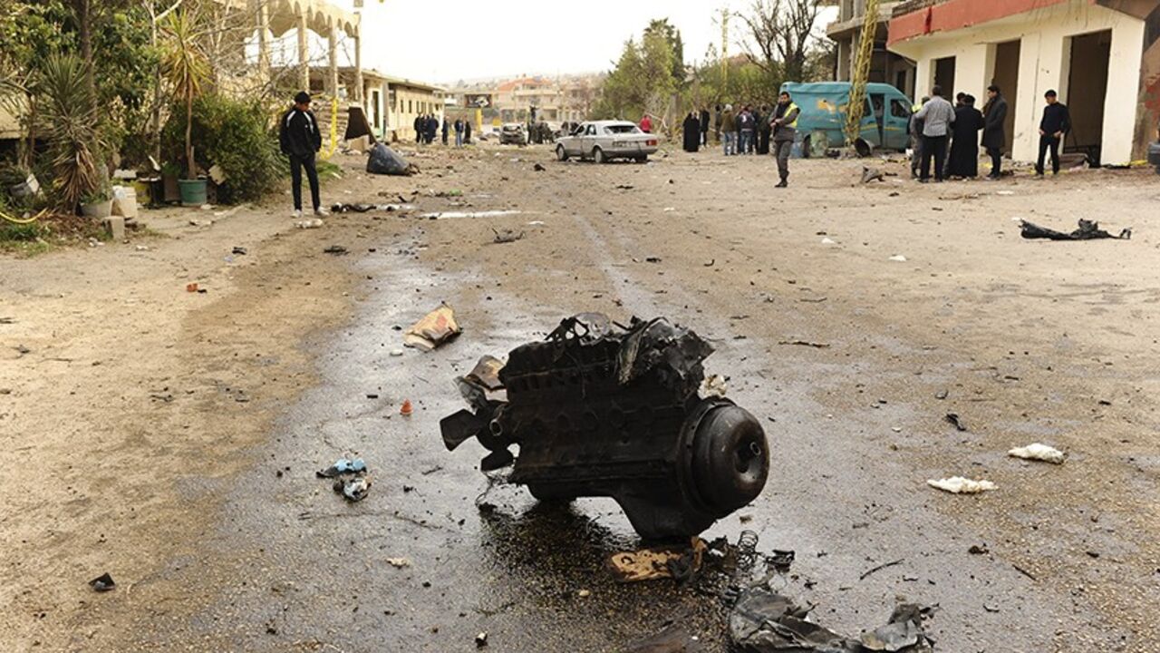 A piece of wreckage from a vehicle is seen at the site of Sunday's explosion in Nabi Osmane in the Bekaa Valley March 17, 2014. At least three people were killed when a suicide car bomber struck a Hezbollah stronghold in Lebanon's Bekaa Valley on Sunday in an apparent response to the fall of a rebel-held town to government forces across the border in Syria. A security source said two of the dead from the blast in Nabi Osmane were members of the Lebanese Shi'ite Muslim militant group Hezbollah whose fighters
