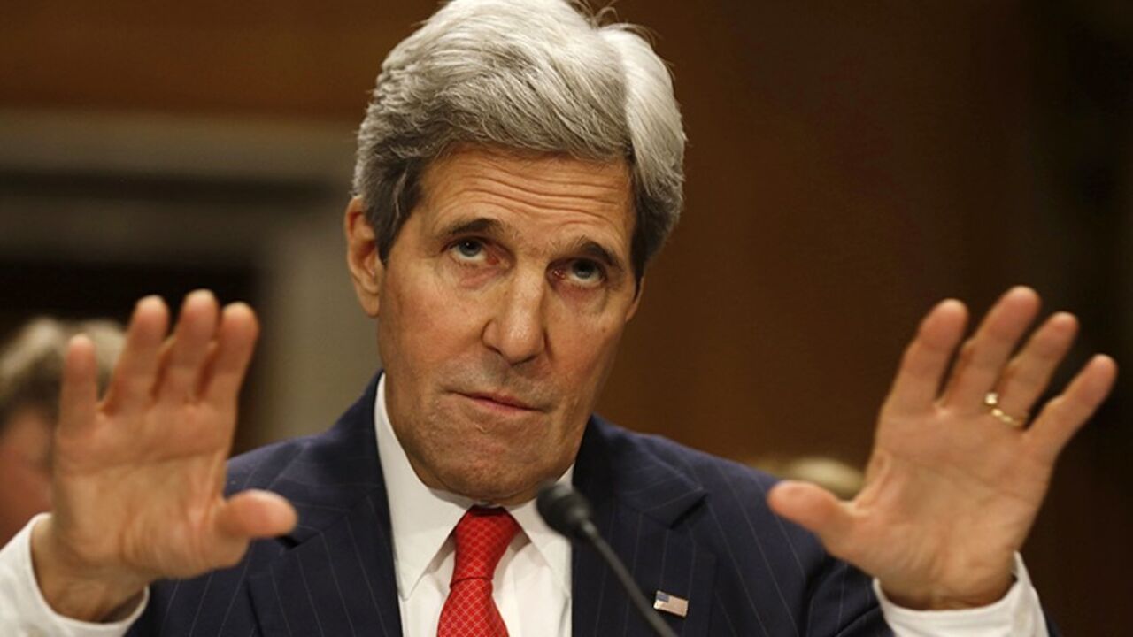 U.S. Secretary of State John Kerry testifies at the Senate Foreign Relations Committee while on Capitol Hill in Washington, April 8, 2014. Kerry squarely blamed Russian agents on Tuesday for separatist unrest in eastern Ukraine, saying Moscow could be trying to lay the groundwork for military action like in Crimea.   REUTERS/Larry Downing   (UNITED STATES - Tags: POLITICS) - RTR3KFZM