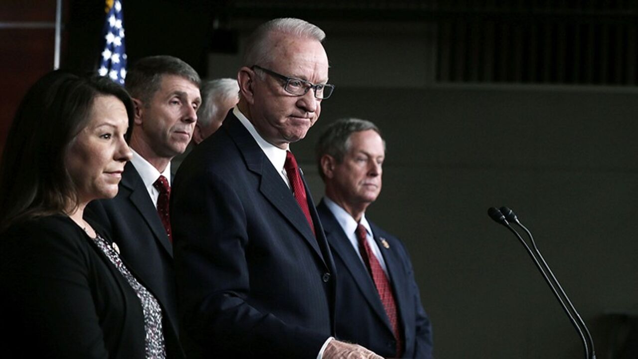 WASHINGTON, DC - MARCH 01:  U.S. House Armed Services Committee Chairman U.S. Rep. Howard P. "Buck" McKeon (R-CA) (3rd L) speaks as (L-R) U.S. Rep. Martha Roby (R-AL), U.S. Rep. Rob Whittman (R-VA), and U.S. Rep.  Joe Wilson (R-SC) listen during a news conference March 1, 2013 on Capitol Hill in Washington, DC. Members of the House Armed Services Committee held a news conference on "the day that sequestration will take effect, to call for an end to repeated cuts to our national security and focus on the rea