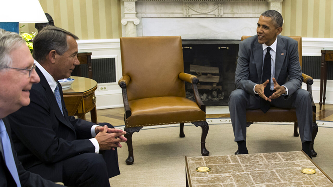 U.S. President Barack Obama meets with Senate Minority Leader Mitch McConnell (R-KY) (L) and Speaker of the House John Boehner (R-OH) (C) to discuss the sitaution in Iraq in the Oval Office of the White House in Washington June 18, 2014. Also present at the meeting were Senate Majority Leader Harry Reid (D-NV) and Democratic House leader Nancy Pelosi (D-CA) (both not seen). 

REUTERS/Kevin Lamarque  (UNITED STATES - Tags: POLITICS) - RTR3UIJ9