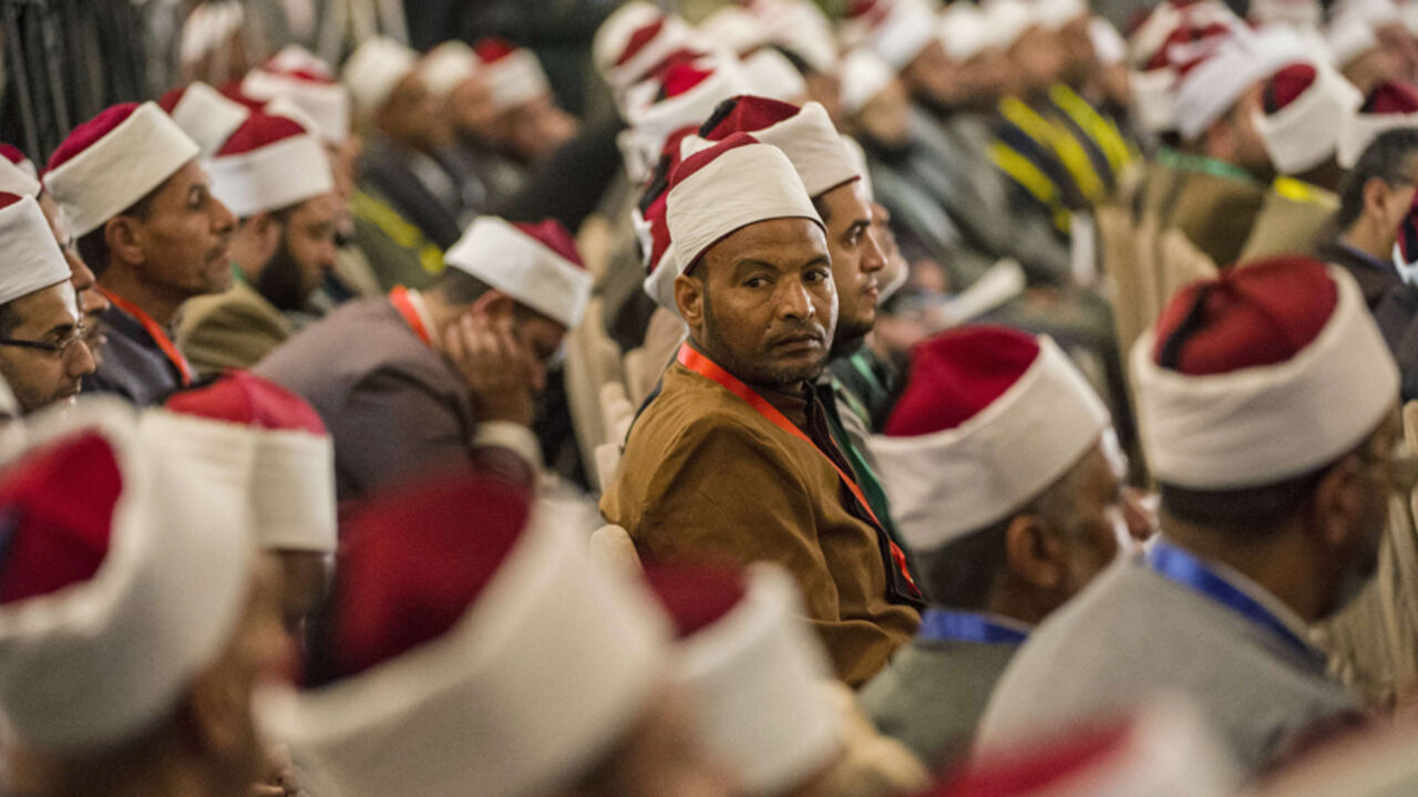 Egyptian Sunni Muslim clerics  attend a conference on extremism at Al-Azhar in Cairo on December 3, 2014. Al-Azhar, one of the most prestigious centres of Sunni Muslim learning, is holding a two-day conference on "Fighting Extremism and Terrorism."AFP PHOTO / KHALED DESOUKI        (Photo credit should read KHALED DESOUKI/AFP/Getty Images)