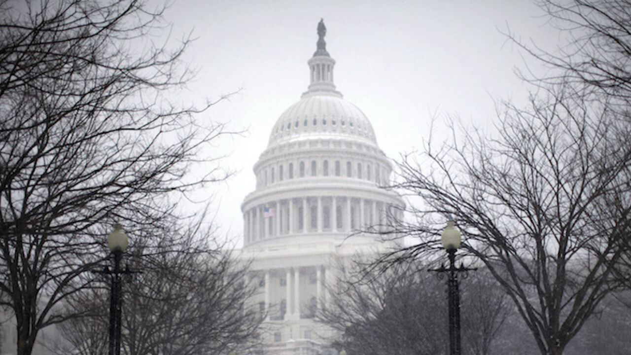 A couple walks the grounds of the U.S. Capitol Building as snow falls in Washington, January 30, 2010. A winter storm blew across the Eastern Coast of the United States on Saturday, bringing 6 inches (15 centimetres) of fresh snow to the nation's capital.      REUTERS/Jason Reed   (UNITED STATES - Tags: ENVIRONMENT) - RTR29NXB
