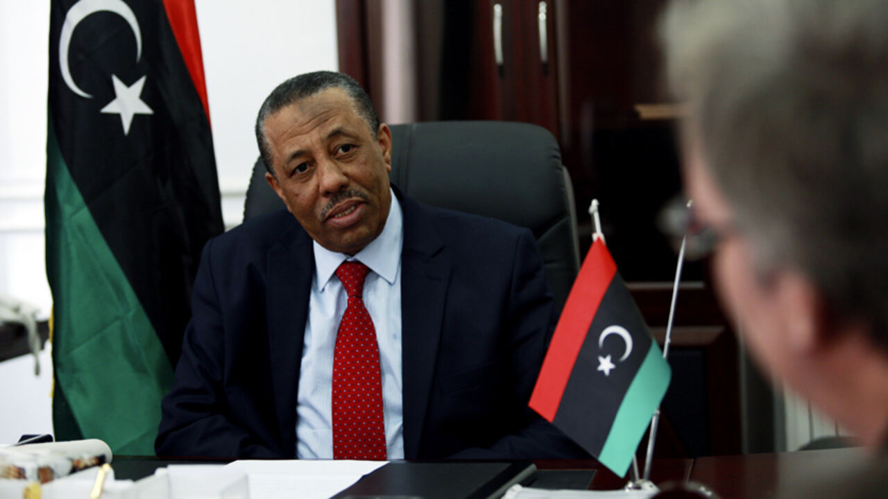 Libya's internationally recognized Prime Minister Abdullah al-Thinni speaks during an interview with Reuters in Bayda February 15, 2015. Thinni called for the West to launch air strikes to defeat Islamist militants who control Tripoli and have driven his government out of the capital. Speaking hours before Egypt bombed Islamic State targets in Libya in retaliation after militants said they had beheaded 21 Egyptian Christians, Prime Minister Abdullah al-Thinni made a plea for Western military intervention in