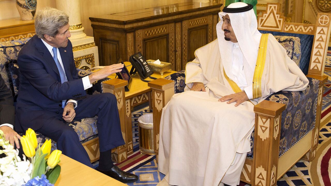 Secretary of State John Kerry (L) meets Saudi King Salman bin Abdulaziz al-Saud at  Diriyah Farm in Diriyah March 5, 2015. Kerry met Gulf Arab foreign ministers in Riyadh on Thursday to brief them on progress in the nuclear talks with Iran and offer reassurance that any deal would not damage their interests. Kerry arrived in Riyadh late on Wednesday from Montreux, Switzerland, where he said he had made progress in talks with Iranian Foreign Minister Mohammad Javad Zarif that aim to conclude an atomic deal b