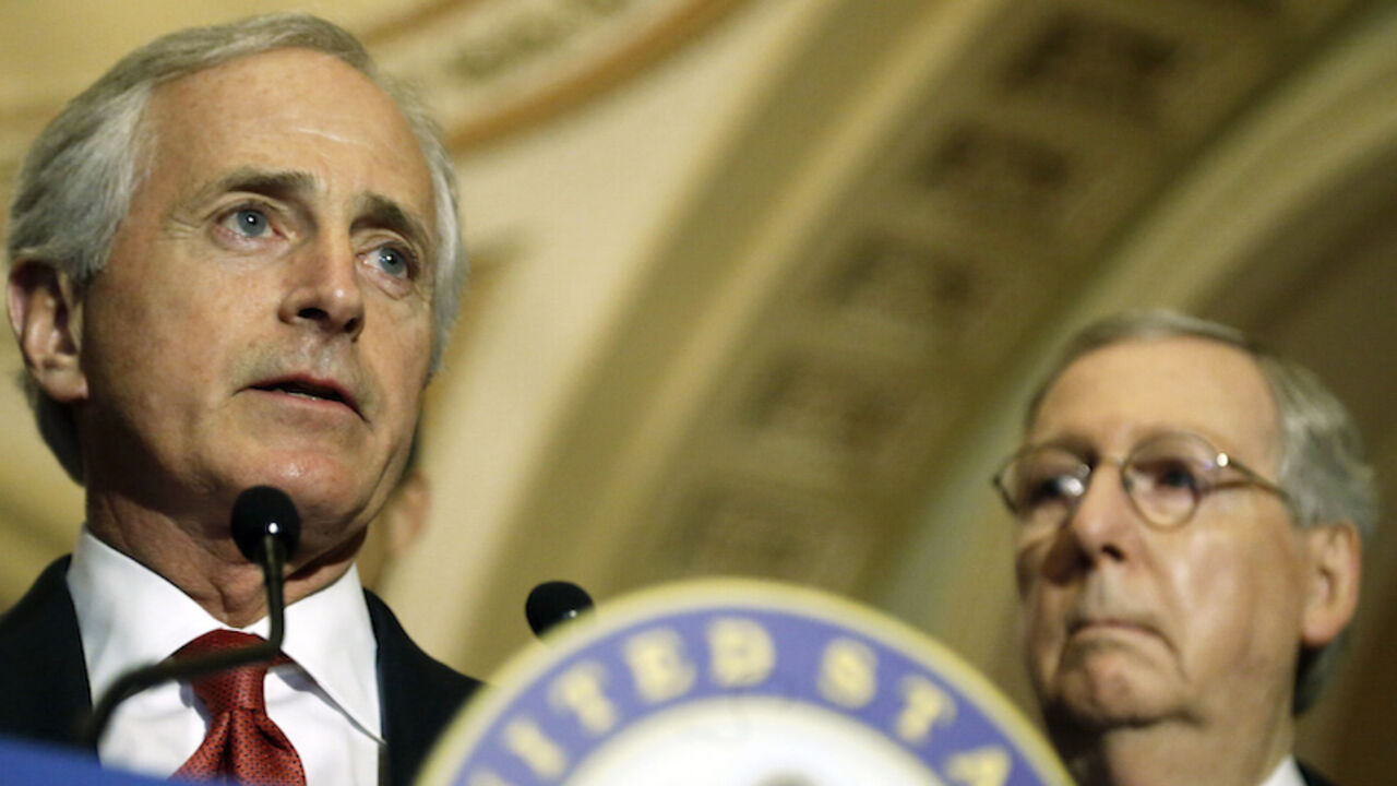 U.S. Senator Bob Corker (R-TN) (L), along with Senate Majority Leader Mitch McConnell (R-KY) (R), speaks at a news conference after the weekly Senate Republican policy luncheon at the U.S. Capitol in Washington, March 3, 2015. The White House has said President Barack Obama would veto the Iran Nuclear Review Act, which was introduced by Republican Senator Bob Corker, chairman of the Senate Foreign Relations Committee, and Democratic Senator Robert Menendez, the top Democrat on the panel, to require Obama to