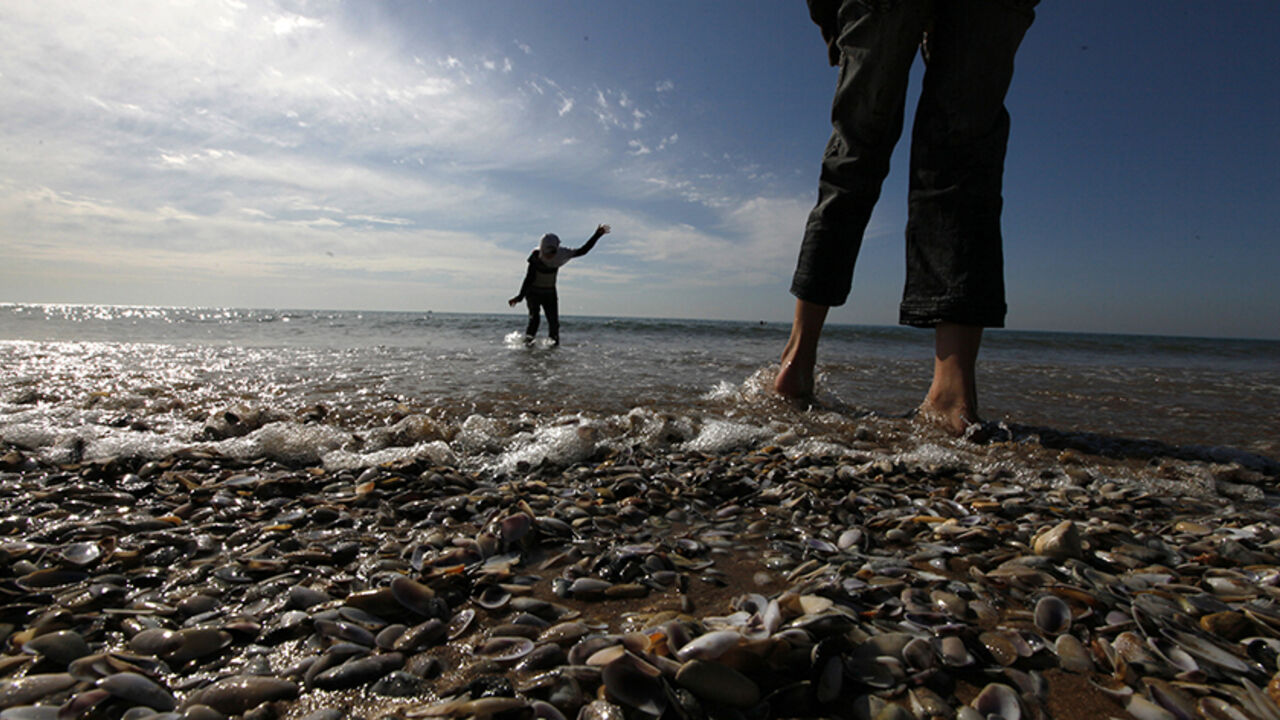 Two girls play in the water at Ramlat al Bayda beach during a sunny day in Beirut February 12, 2012.  REUTERS/Jamal Saidi  (LEBANON - Tags: SOCIETY) - RTR2XPTA