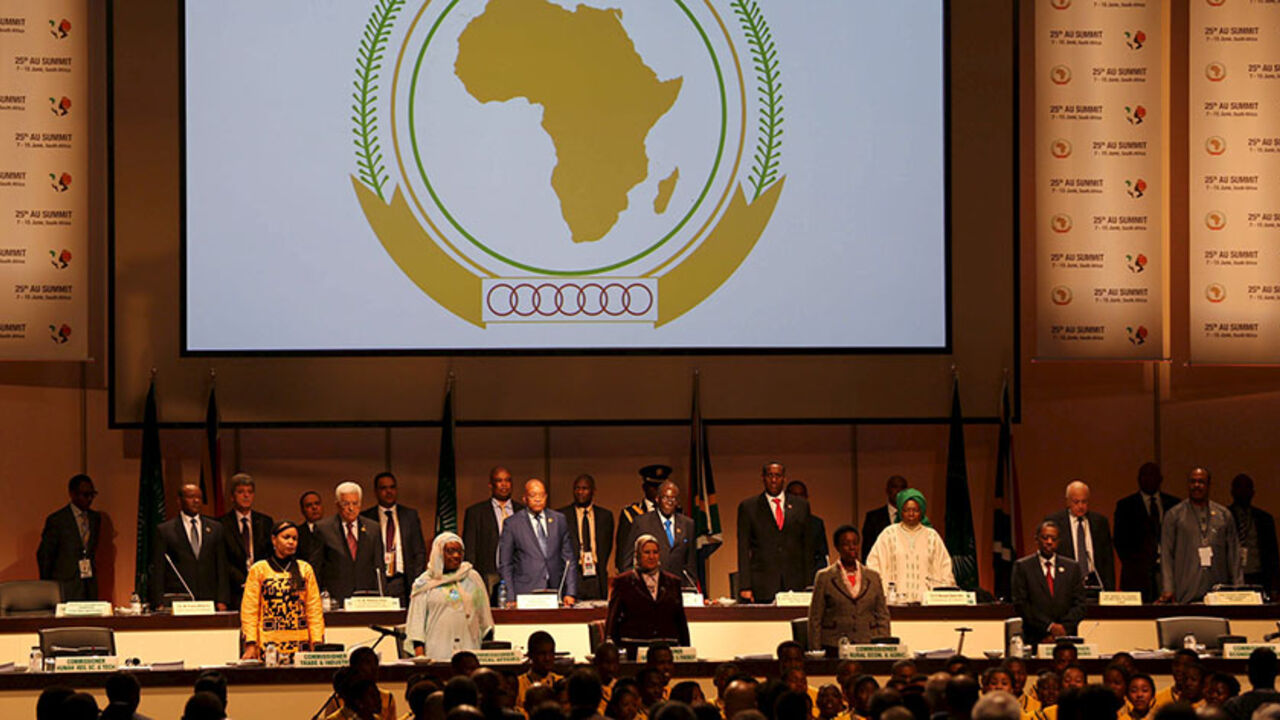 Leaders of the AU stand during the opening of the 25th African Union summit in Johannesburg June 14, 2015. A South African court issued an interim order on Sunday preventing Sudanese President Omar al-Bashir leaving the country, where he was attending an African Union summit, until the judge hears an application calling for his arrest. Bashir is accused in an International Criminal Court arrest warrant of war crimes and crimes against humanity over atrocities in the Darfur conflict. REUTERS/Siphiwe Sibeko  