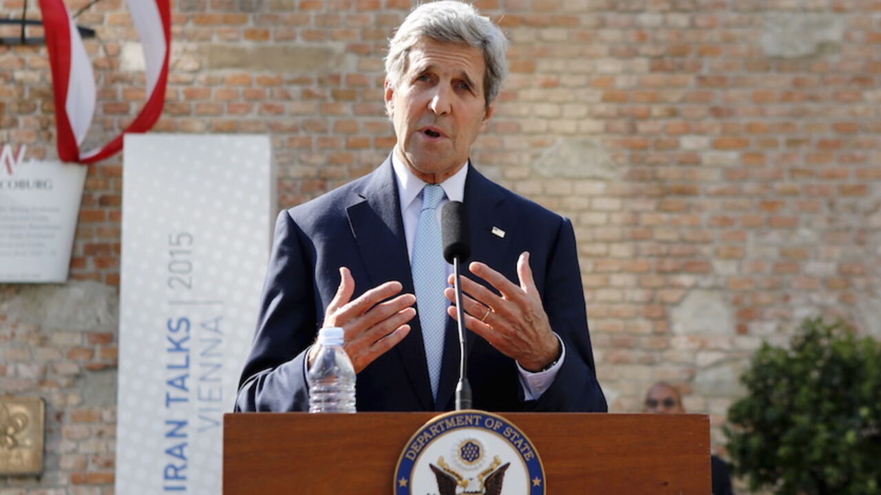U.S. Secretary of State John Kerry addresses a news conference in front of Palais Coburg, the venue for nuclear talks in Vienna, Austria, July 5, 2015. The top U.S. and Iranian diplomats met for a sixth consecutive day on Sunday to try to resolve obstacles to a nuclear accord, including when Iran would get sanctions relief and what advanced research and development it may pursue. Iran and the United States have made "genuine progress" on a nuclear deal but there are several difficult issues to resolve and W