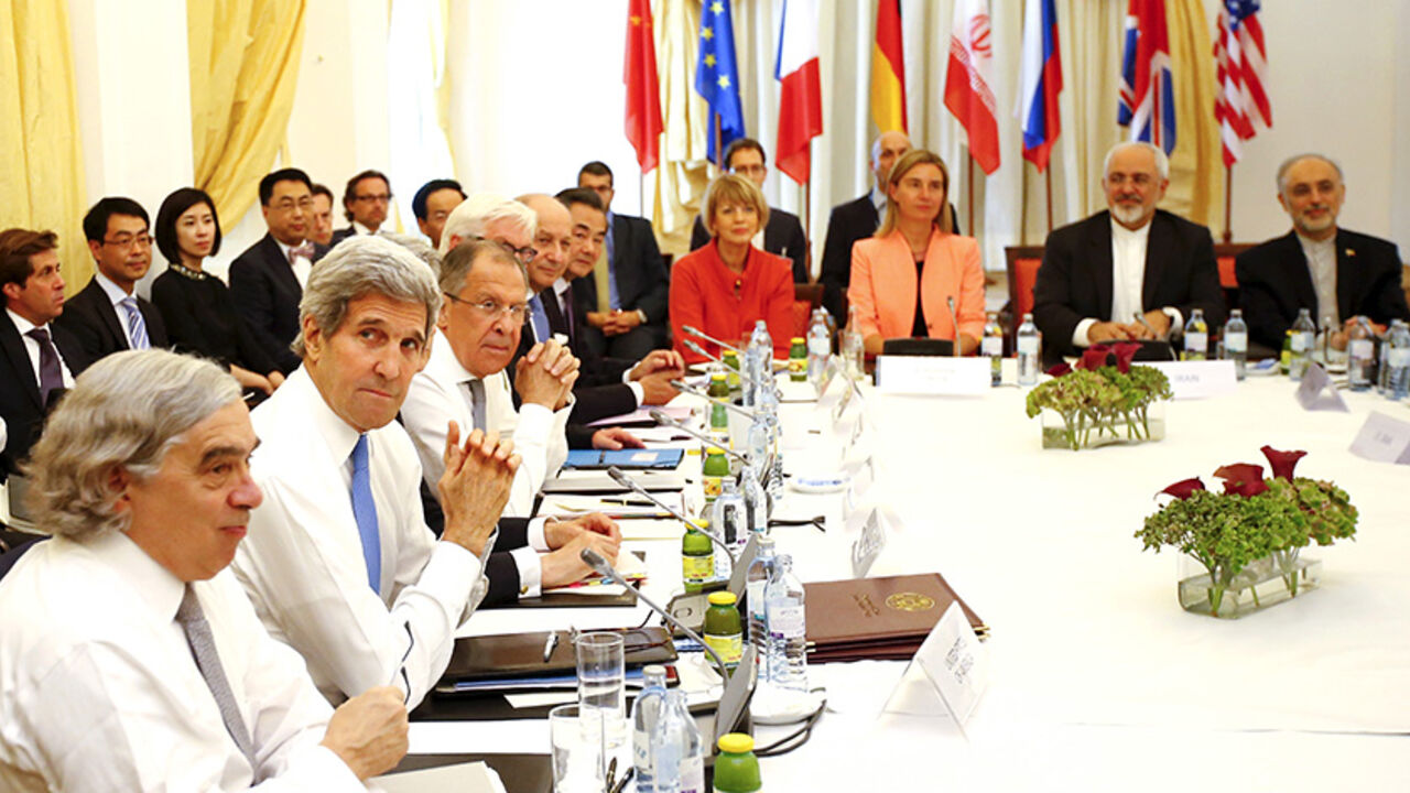 U.S. Secretary of Energy Ernest Moniz, US Secretary of State John Kerry, British Foreign minister Philip Hammond (not seen), Russian Foreign Minister Sergey Lavrov, German Minister for Foreign Affairs Frank-Walter Steinmeier, French Foreign Minister Laurent Fabius, China's Foreign Minister Wang Yi, EU Deputy Secretary General for the External Action Service Helga Schmid, High Representative of the European Union for Foreign Affairs and Security Policy Federica Mogherini, Iranian Foreign Minister Mohammad Ja