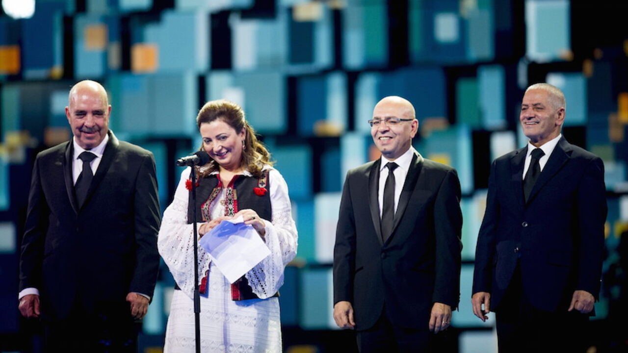 Nobel Peace Prize laureates of the Tunisian National Dialogue Quartet (L to R), President of the Tunisian Human Rights League (LTDH) Abdessatar Ben Moussa, President of the Tunisian employers union (UTICA) Wided Bouchamaoui, President of the National Order of Tunisian Lawyers Fadhel Mahfoudh and Secretary General of the Tunisian General Labour Union Houcine Abbassi are honoured on the stage during the annual Nobel Peace Prize Concert in Telenor Arena outside Oslo, 11 December, 2015. REUTERS/Jon Olav Nesvold
