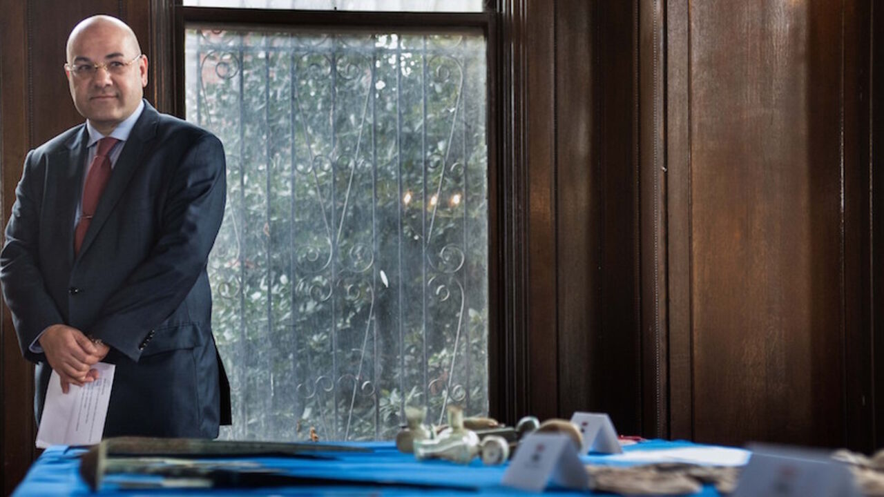 Iraqi Ambassador to the US Lukman Faily looks on during a ceremony to repatriate more than 60 Iraqi cultural items which had been smuggled into the US at the Iraqi consulate in Washington, DC, on March 16, 2015.    AFP PHOTO/NICHOLAS KAMM        (Photo credit should read NICHOLAS KAMM/AFP/Getty Images)