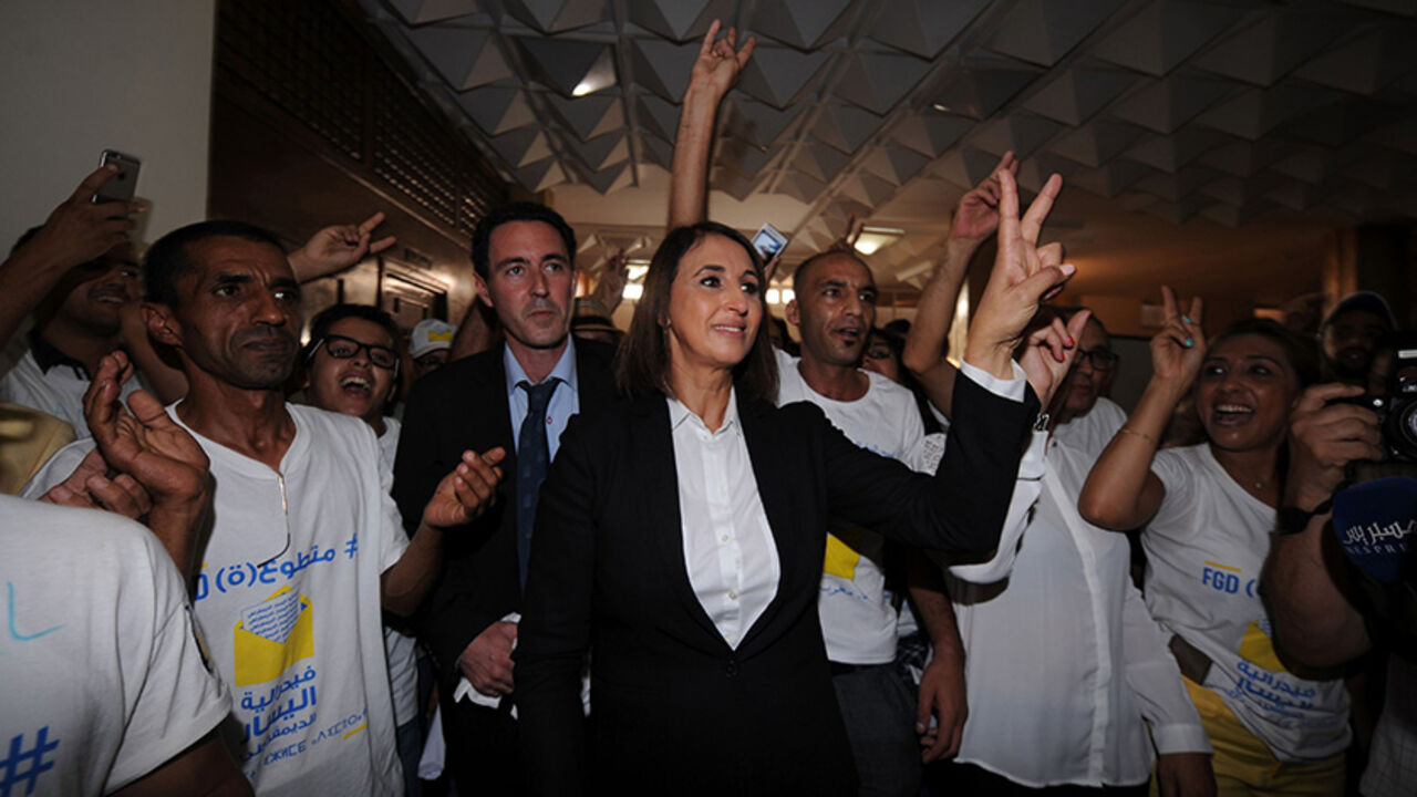 Nabila Mounib, Secretary-General of Morocco's Unified Socialist Party (PSU), gestures during a party meeting in Rabat on October 4, 2016, ahead of the upcoming parliamentary election. / AFP / STR        (Photo credit should read STR/AFP/Getty Images)