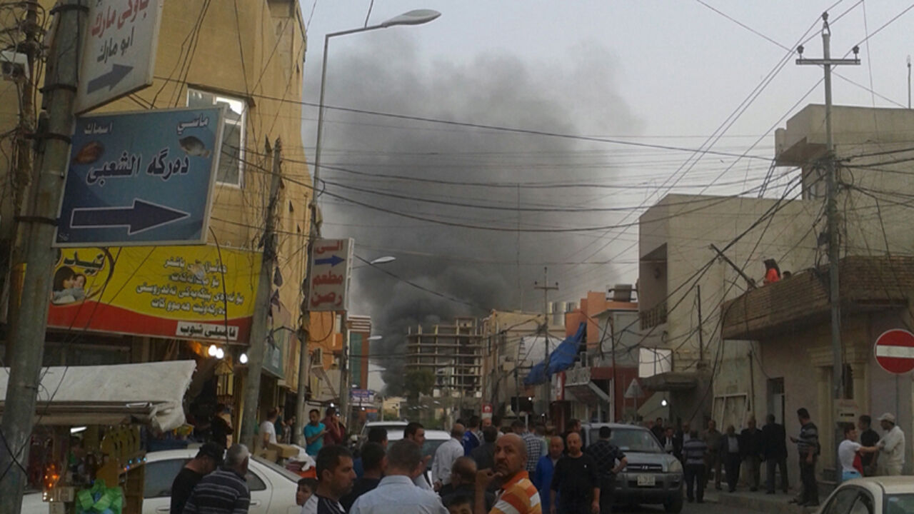 Smoke rises from the site of a bomb attack in Erbil, the capital of Iraq's Kurdistan region, April 17, 2015.  A car bomb exploded on a road outside the U.S. Consulate and compound in Erbil on Friday, a Reuters witness said. The consulate houses U.S. diplomats and staff but there was no immediate reports of casualties. Gunfire was heard immediately after the blast but stopped later, the witness said. REUTERS/Stringer - RTR4XRWU