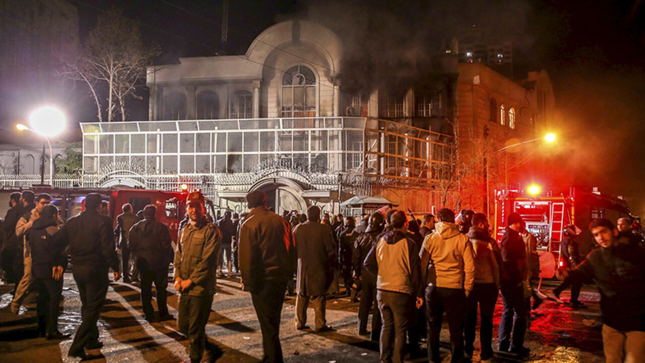 Smoke rises from Saudi Arabia's embassy during a demonstration in Tehran January 2, 2016. Iranian protesters stormed the Saudi Embassy in Tehran early on Sunday morning as Shi'ite Muslim Iran reacted with fury to Saudi Arabia's execution of a prominent Shi'ite cleric. REUTERS/TIMA/Mehdi Ghasemi/ISNA ATTENTION EDITORS - THIS PICTURE WAS PROVIDED BY A THIRD PARTY. REUTERS IS UNABLE TO INDEPENDENTLY VERIFY THE AUTHENTICITY, CONTENT, LOCATION OR DATE OF THIS IMAGE. FOR EDITORIAL USE ONLY. NOT FOR SALE FOR MARKE