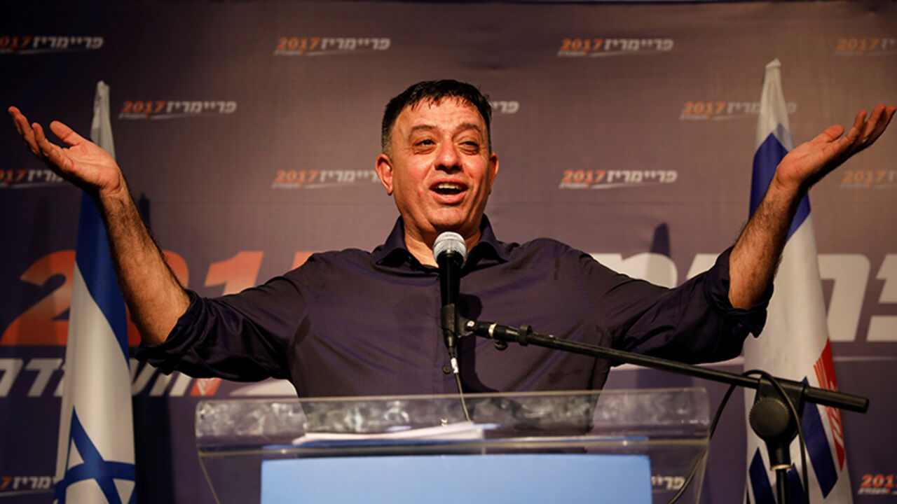 Avi Gabbai, the new leader of Israel's centre-left Labour party, gestures as he delivers his victory speech after winning the Labour party primary runoff, at an event in Tel Aviv, Israel July 10, 2017. REUTERS/Amir Cohen     TPX IMAGES OF THE DAY - RTX3AWT4