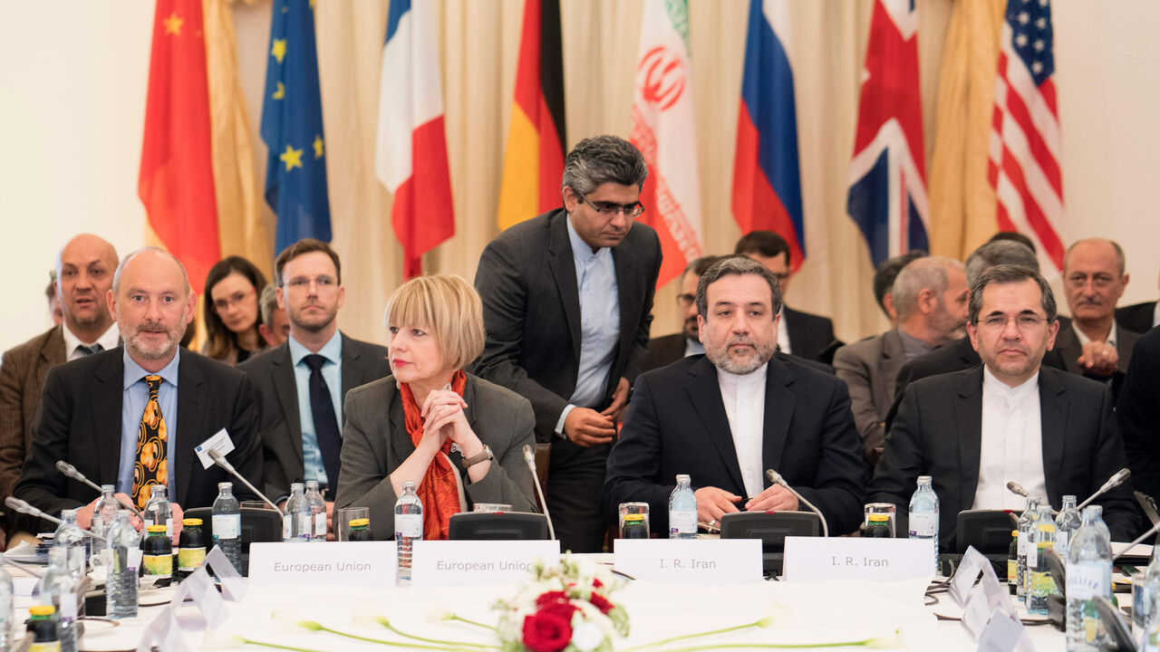 Helga Maria Schmid (L), Secretary-General European External Action Service, Delegated Joint Commission Coordinator (EU), David Geer (2ndL), Head of the Sanctions Policy Division (EU), Seyed Abbas Araghchi (2ndR), Iran's Vice-Minister for Legal and International Affairs, Majid Takht-Ravanchi (R), Iran's Under-Secretary for European and American Affairs and senior diplomats from other six major powers meet in Vienna, on April 25, 2017 for a regular quarterly meeting to review adherence to their 2015 nuclear d