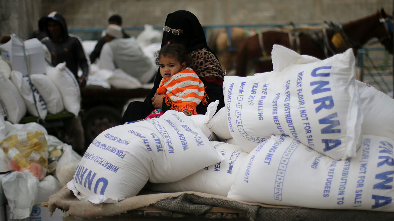 A Palestinian woman sits on a donkey car after receiving food supplies from the United Nations' offices in the southern Gaza Strip February 11, 2018. REUTERS/Ibraheem Abu Mustafa - RC11BF8E4BA0