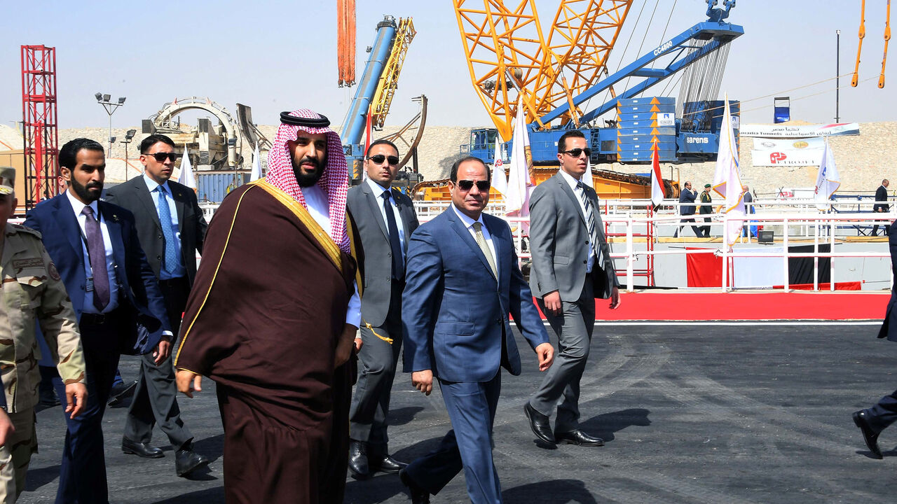 Egyptian President Abdel Fattah al-Sisi and Saudi Crown Prince Mohammad Bin Salman visit the Suez Canal at the city of Ismailia, Egypt, March 5, 2018, in this handout picture courtesy of the Egyptian Presidency. The Egyptian Presidency/Handout via REUTERS ATTENTION EDITORS - THIS IMAGE WAS PROVIDED BY A THIRD PARTY - RC18F7347430