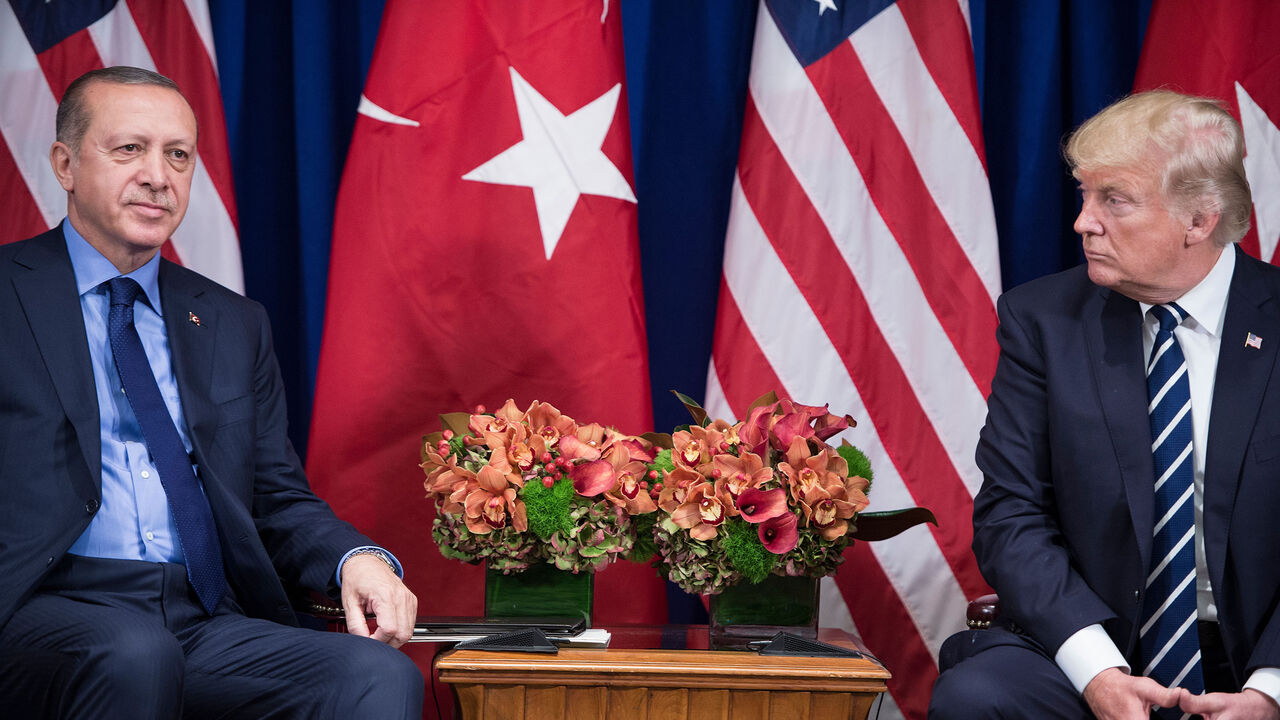 Turkey's President Recep Tayyip Erdogan and US President Donald Trump wait for a meeting at the Palace Hotel during the 72nd United Nations General Assembly September 21, 2017 in New York City. / AFP PHOTO / Brendan Smialowski        (Photo credit should read BRENDAN SMIALOWSKI/AFP/Getty Images)