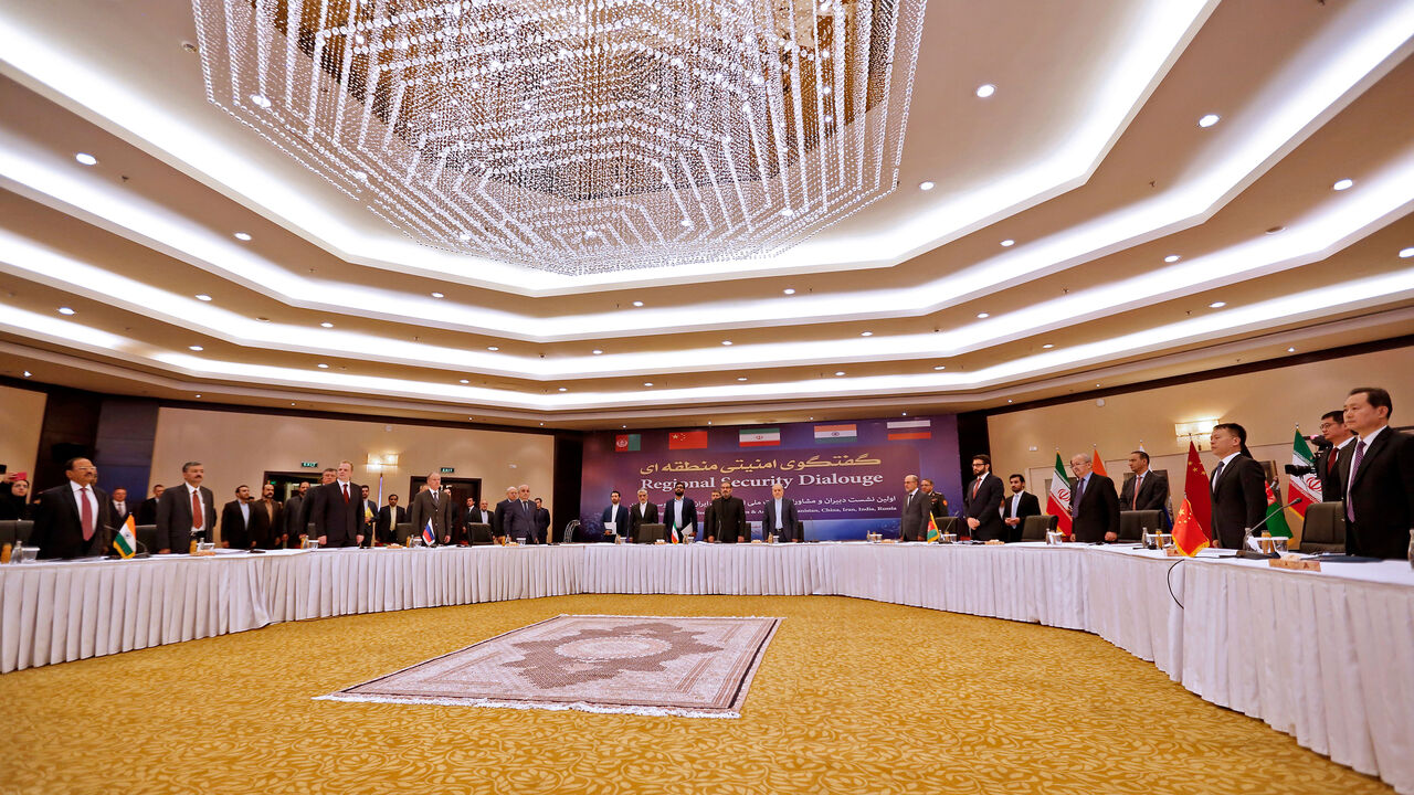 A general view shows the first meeting of national security secretaries of Afghanistan, China, Iran, India and Russia, in the Iranian capital Tehran on September 26, 2018. (Photo by ATTA KENARE / AFP)        (Photo credit should read ATTA KENARE/AFP/Getty Images)