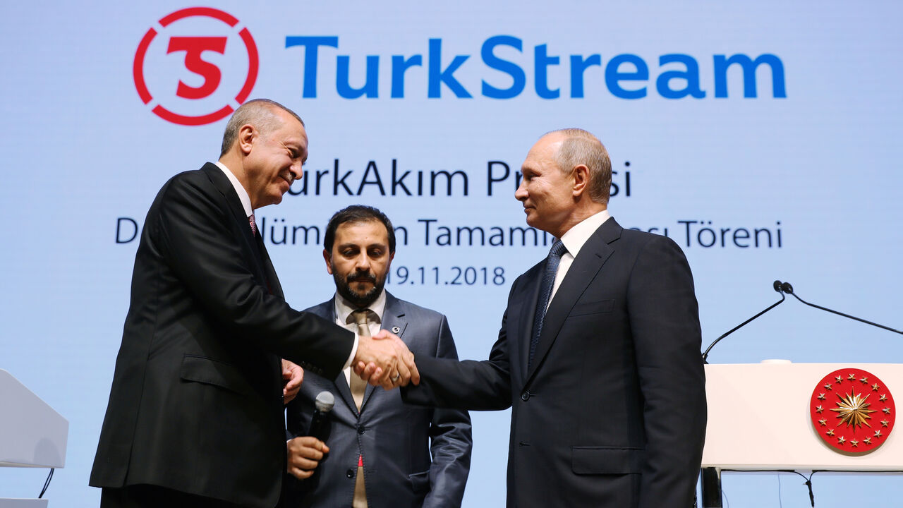 Russian President Vladimir Putin (R) shakes hands with his Turkish counterpart Tayyip Erdogan during a ceremony to mark the completion of the sea part of the TurkStream gas pipeline, in Istanbul, Turkey November 19, 2018. Sputnik/Mikhail Klimentyev/Kremlin via REUTERS  ATTENTION EDITORS - THIS IMAGE WAS PROVIDED BY A THIRD PARTY. - RC195773B7D0