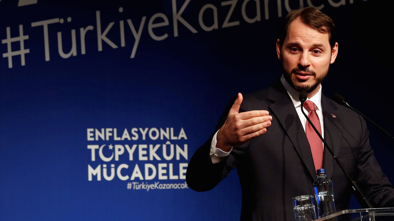 Turkish Finance Minister Berat Albayrak speaks during an event to announce his programme to fight inflation, in Istanbul, Turkey October 9, 2018. REUTERS/Murad Sezer - RC15CFC6CA30