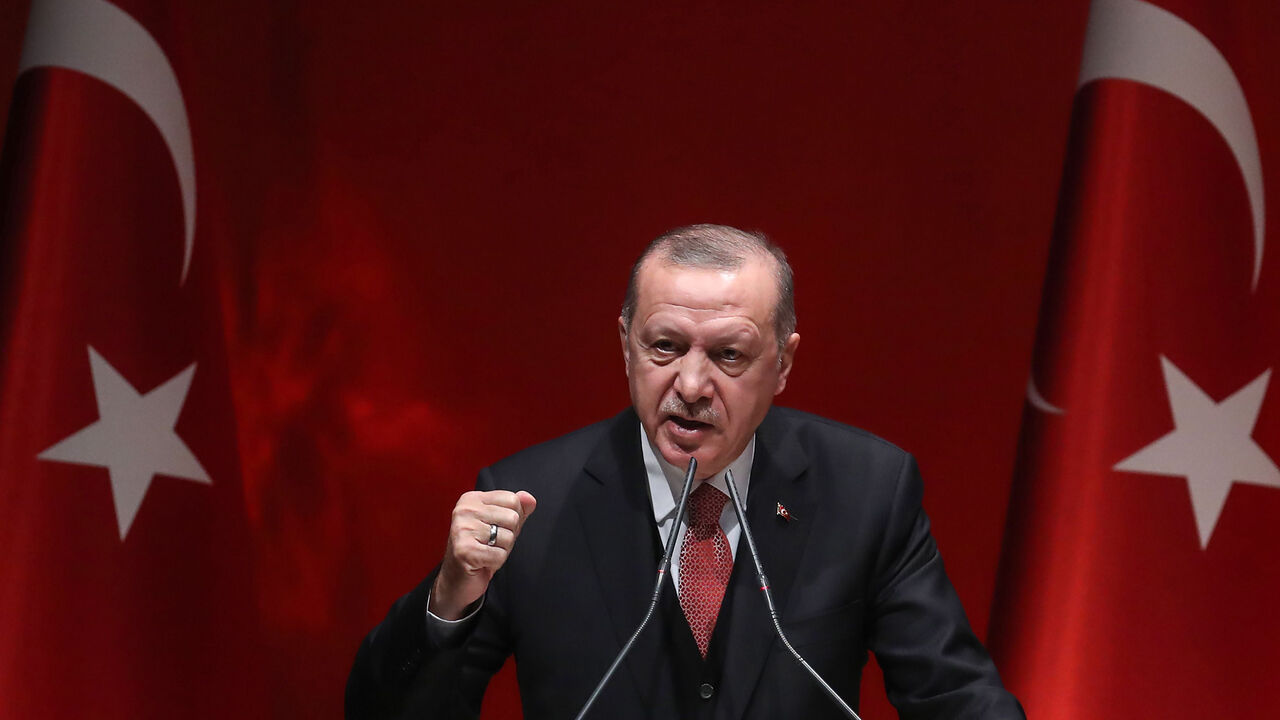 Turkish President Recep Tayyip Erdogan addresses a meeting of provincial election officials at the headquarters of his ruling Justice and Development (AK) Party in Ankara on January 29, 2019. (Photo by Adem ALTAN / AFP)        (Photo credit should read ADEM ALTAN/AFP/Getty Images)