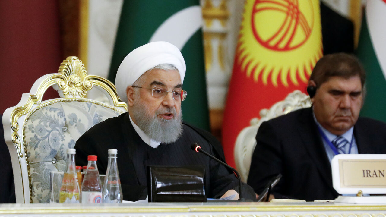 Iranian President Hassan Rouhani delivers a speech at the Conference on Interaction and Confidence-Building Measures in Asia (CICA) in Dushanbe, Tajikistan June 15, 2019. REUTERS/Mukhtar Kholdorbekov - RC18D8234850