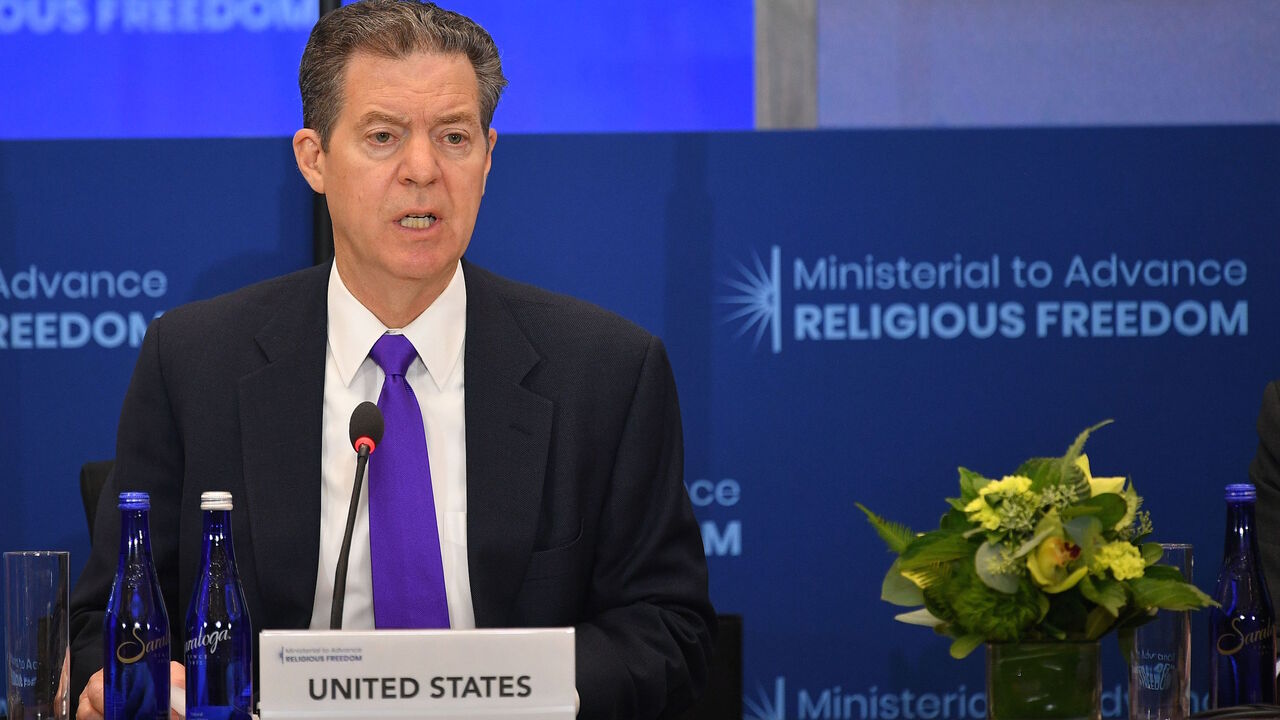 US Ambassador-at-Large for International Religious Freedom Sam Brownback speaks during the second Ministerial to Advance Religious Freedom in the Loy Henderson Auditorium of the State Department in Washington, DC on July 18, 2019. (Photo by MANDEL NGAN / AFP)        (Photo credit should read MANDEL NGAN/AFP/Getty Images)