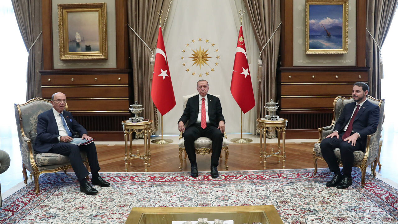 ANKARA, TURKEY - SEPTEMBER 10: Turkish President Recep Tayyip Erdogan (C) meets United States Secretary of Commerce Wilbur Ross (L) at Presidential Complex in Ankara, Turkey on September 10, 2019. Turkish Treasury and Finance Minister Berat Albayrak (R) also attended the meeting. (Photo by Murat Kula/Anadolu Agency via Getty Images)