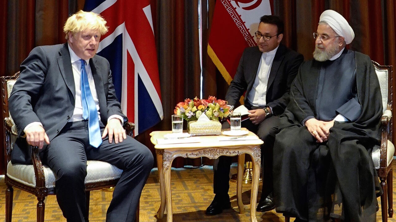 NEW YORK, USA - SEPTEMBER 25: (----EDITORIAL USE ONLY  MANDATORY CREDIT - "IRANIAN PRESIDENCY / HANDOUT" - NO MARKETING NO ADVERTISING CAMPAIGNS - DISTRIBUTED AS A SERVICE TO CLIENTS----) Iranian President Hassan Rouhani (R) meets with British Prime Minister Boris Johnson (L) on the sidelines of the 74th session of UN General Assembly in New York, United States on September 25, 2019. (Photo by Iranian Presidency / Handout/Anadolu Agency via Getty Images)