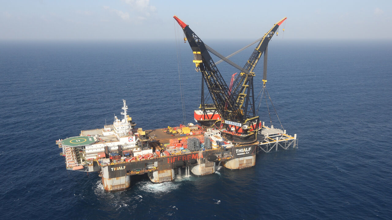 An aerial view shows the newly arrived foundation platform of Leviathan natural gas field, in the Mediterranean Sea, off the coast of Haifa, Israel January 31, 2019. Marc Israel Sellem/Pool via REUTERS - RC17C1973F80