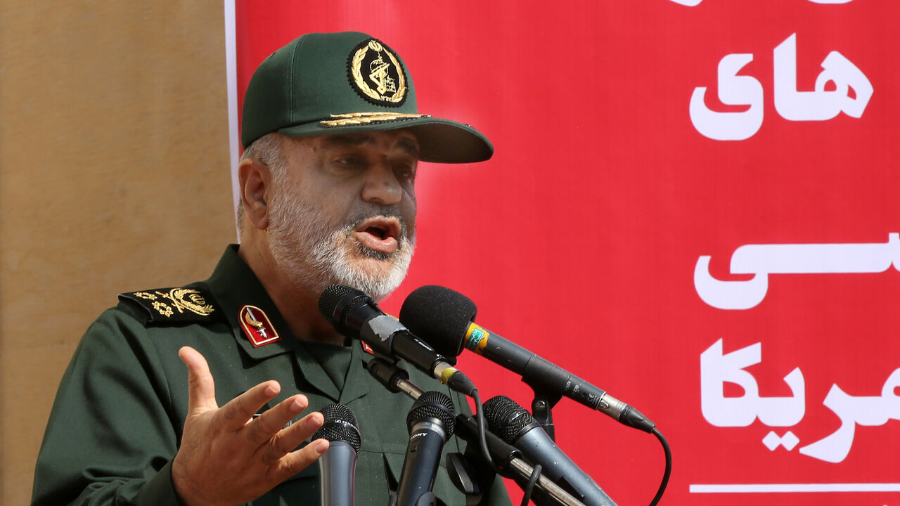 Iranian Revolutionary Guards commander Major General Hossein Salami speaks at the podium during an inaugural ceremony unveiling the new murals painted on the walls of the former US embassy in the capital Tehran on November 2, 2019. (Photo by ATTA KENARE / AFP) (Photo by ATTA KENARE/AFP via Getty Images)