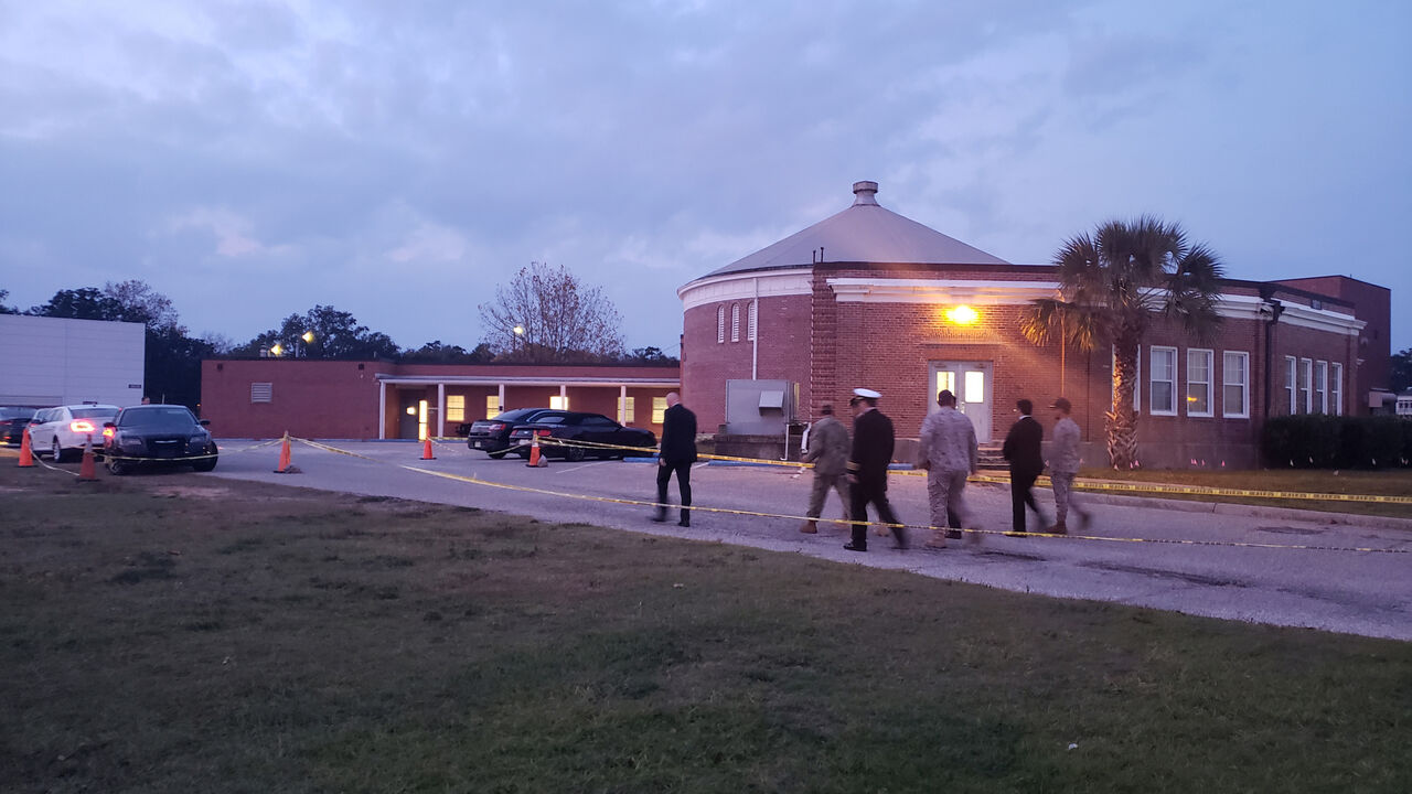 Saudi Arabia Defense Attache Major General Fawaz Al Fawaz and his Embassy staff and other officials arrive to meet with the Saudi students who remain restricted to the Naval Air Station (NAS) Pensacola base by their Saudi commanding officer, in Pensacola, Florida, U.S. December 9, 2019. Picture taken December 9, 2019.  FBI Jacksonville/Handout via REUTERS  THIS IMAGE HAS BEEN SUPPLIED BY A THIRD PARTY. - RC2ISD9IDSIC