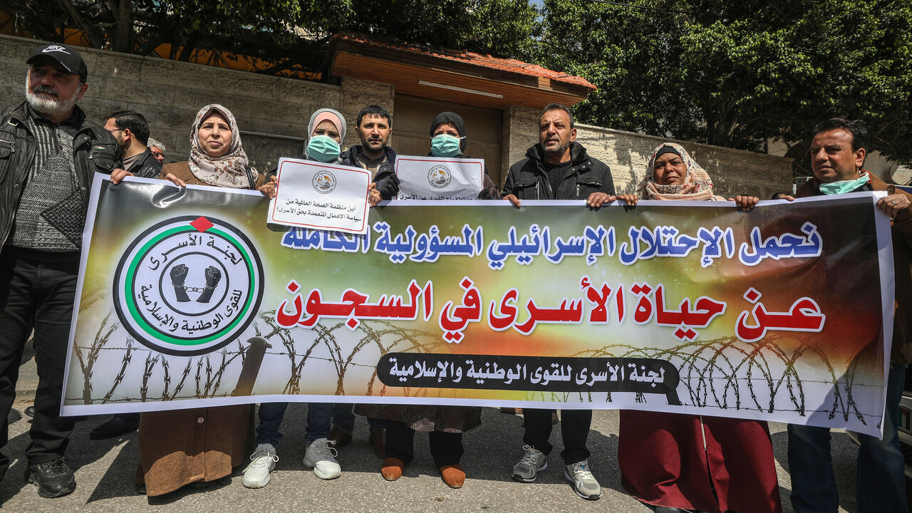 GAZA CITY, GAZA - MARCH 19: Palestinians gather for a demonstration to demand coronavirus (COVID-19) protection for Palestinian prisoners held in Israeli jails, in Gaza City, Gaza on March 19, 2020. (Photo by Ali Jadallah/Anadolu Agency via Getty Images)