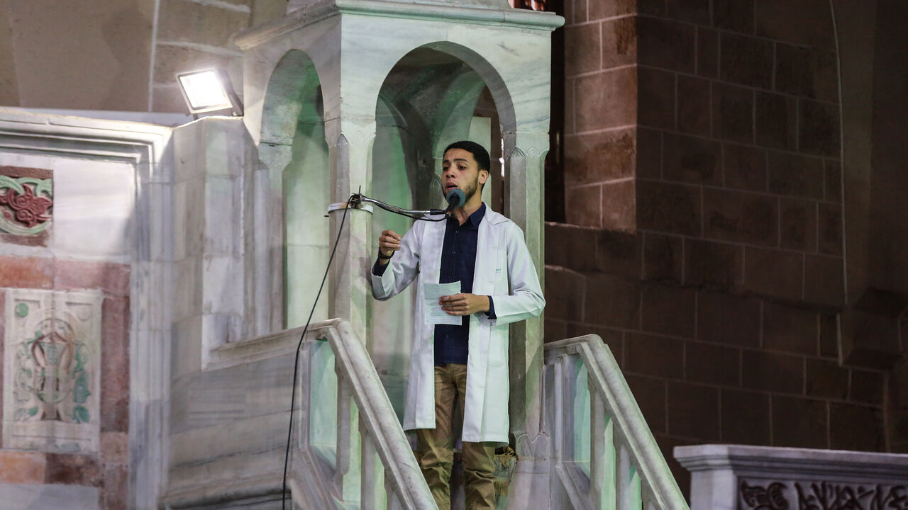 GAZA CITY, GAZA - MARCH 20: Doctor Mohammed Guneym preaches Friday sermon on precautions against coronavirus (Covid-19) during Friday prayer at Great Mosque of Gaza also known as the Great Omari Mosque in Gaza City, Gaza on March 20, 2020. (Photo by Ali Jadallah/Anadolu Agency via Getty Images)