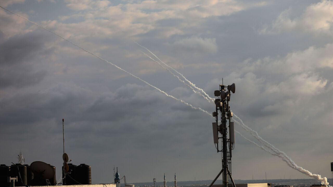 GAZA, Feb. 24, 2020 -- Militants in the Gaza Strip fire rockets to Israeli cities on Feb. 24, 2020. Israeli war jets on Monday struck posts that belong to Palestinian militant group in Gaza Strip for the second day in a row, according to Palestinian security sources.  Israeli army said in a press statement that it has began targeting Islamic Jihad posts in Gaza. (Photo by Yasser Qudih/Xinhua via Getty)