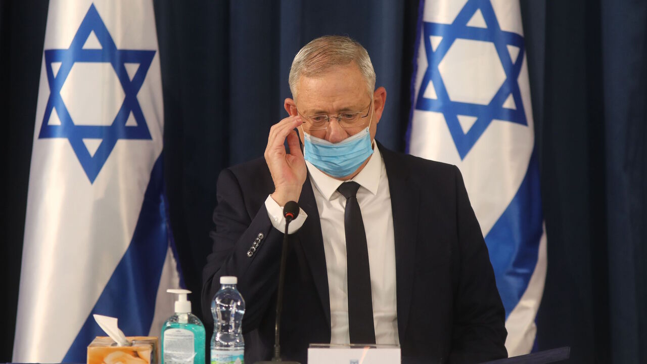 Israeli alternate Prime Minister and Defence Minister Benny Gantz attends the weekly cabinet meeting in Jerusalem while wearing a protective mask due to the COVID-19 pandemic, on June 7, 2020. - Netanyahu urged world powers to reimpose tough sanctions against Iran, vowing to curb Tehran's regional "aggression" hours after another deadly strike on pro-Iranian fighters in Syria. (Photo by Menahem KAHANA / AFP) (Photo by MENAHEM KAHANA/AFP via Getty Images)