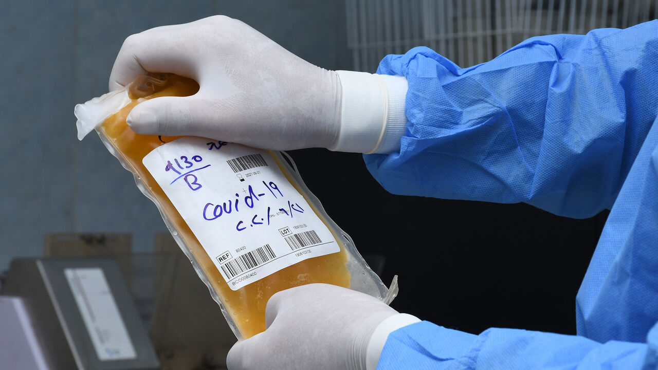 An Iraqi phlebotomist holds a bag of plasma donated by a recovered COVID-19 patient at the blood bank of Iraq's southern city of Nasiriyah in Dhi Qar province, on June 24, 2020. (Photo by Asaad NIAZI / AFP) (Photo by ASAAD NIAZI/AFP via Getty Images)