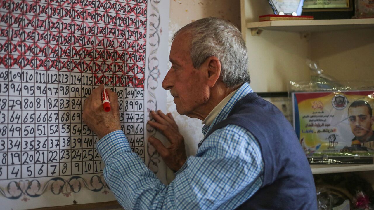 Samih Qaadan, father of Palestinian prisoner Abdulrauf Qaadan, crosses out a day on a hand-made calendar created to countdown the number of days left to meet his son who has been held in an Israeli prison since 2004 for membership in Fatah movement's military wing, at his house in Rafah in the southern Gaza Strip on July 13, 2020. (Photo by SAID KHATIB / AFP) (Photo by SAID KHATIB/AFP via Getty Images)