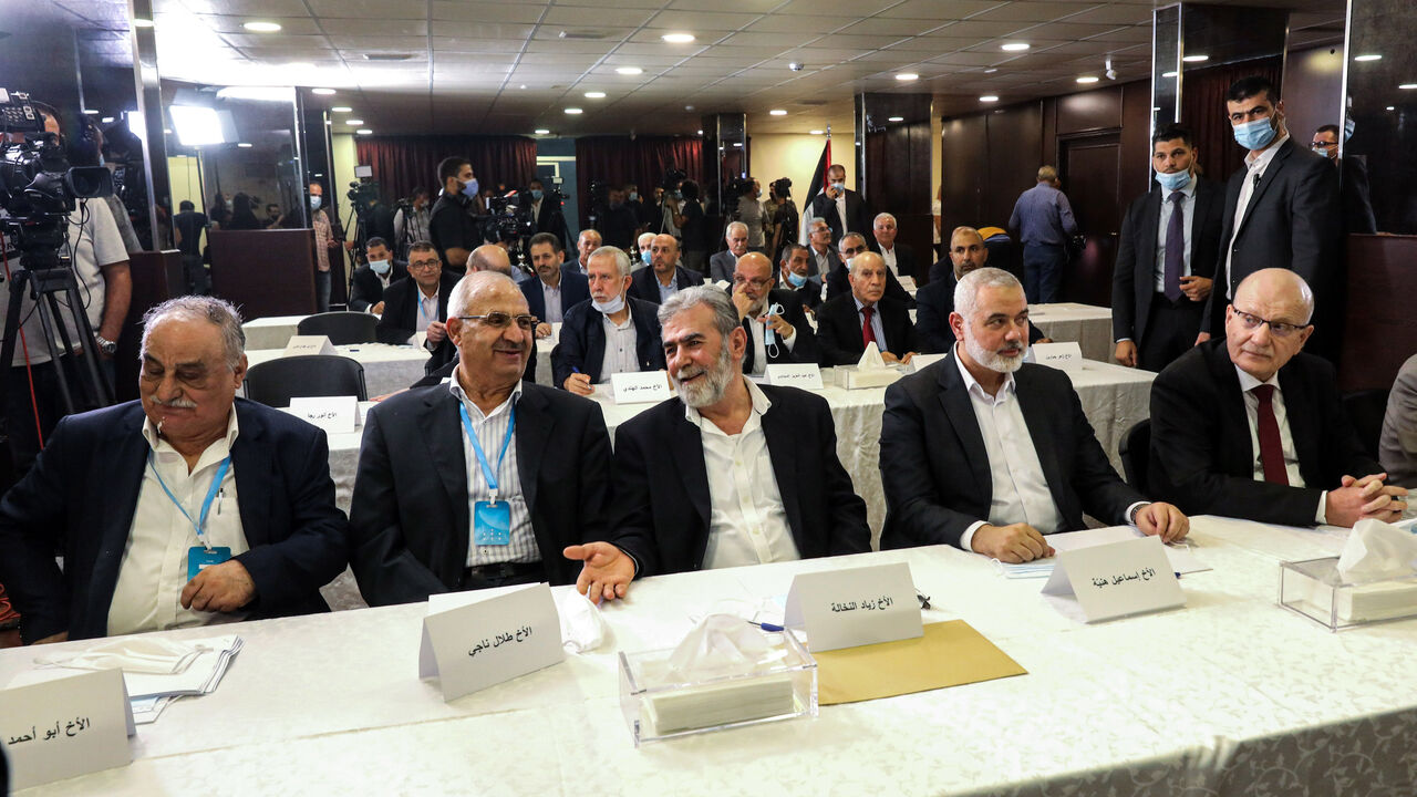 (L to R) Deputy Secretary-General of the Popular Front for the Liberation of Palestine (PFLP) Abu Ahmad Fuad, Assistant Secretary-General of the Popular Front for the Liberation of Palestine-General Command (PFLP-GC) Talal Naji, Secretary-General of the Islamic Jihad Movement in Palestine Ziad al-Nakhala, Hamas chief Ismail Haniyeh, and Deputy Secretary-General of the Democratic Front for the Liberation of Palestine (DFLP) Fahd Suleiman attend a meeting with representatives of other Palestinian factions at 